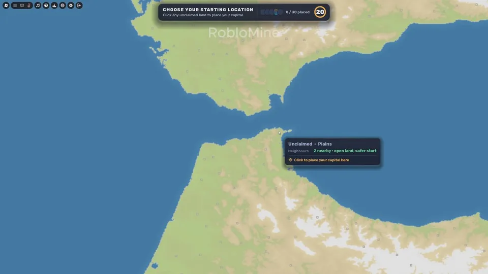 RoFront starting-location screen with a capital placed on unclaimed land